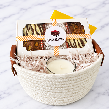 Simple gift basket with variety fudge brownies and candle Columbus, OH